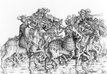 A group of mounted trumpeters, from 'Maximilian's Triumphal Procession', c.1516-18 (woodcut) (b/w photo) | Obraz na stenu