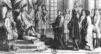 Members of the French Academy presenting the dictionary to Louis XIV (1638-1715) in 1694, engraved by Jean Mariette (1660-1742) (engraving) (b/w photo) | Obraz na stenu