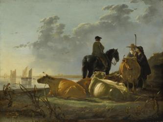 Peasants and Cattle by the River Merwede, c.1655-60 (oil on panel) | Obraz na stenu