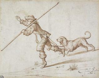 Man hunting with a pointed staff and a hound (pen & brown ink on paper) | Obraz na stenu