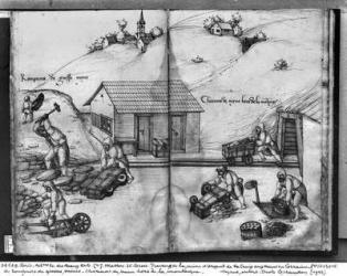 Silver mine of La Croix-aux-Mines, Lorraine, fol.14v and fol.15r, breaking and carrying the ore, c.1530 (pen & ink & w/c on paper) (b/w photo) | Obraz na stenu
