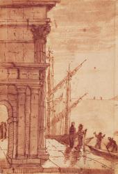 Landing stage at sunrise (pen, brown ink, brown wash & black crayon) | Obraz na stenu