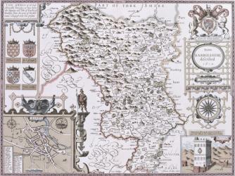 Darbieshire, engraved by Jodocus Hondius (1563-1612) from John Speed's 'Theatre of the Empire of Great Britain', pub. by John Sudbury and George Humble, 1611-12 (hand coloured copper engraving) | Obraz na stenu