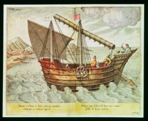 A Chinese Junk, illustration from 'Jan Huyghen van Linschoten, His Discourse of Voyages into the East and West Indies', 1579-92 (engraving) | Obraz na stenu