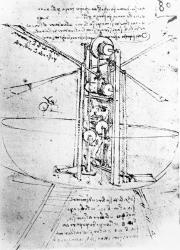 Vertically standing bird's-winged flying machine, fol. 80r from Paris Manuscript B, 1488-90 (pen and ink on paper) | Obraz na stenu