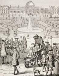 The young King Louis XV promenading in a carriage in the Tuileries Gardens, Paris, from 'XVIII Siecle Institutions, Usages et Costumes', published 1875 (litho) | Obraz na stenu