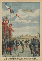 At Villacoublay aerodrome, H. M. Alfonso XIII, King of Spain congratulating the air force aviators, back cover illustration from 'Le Petit Journal', supplement illustre, 18th May 1913 (colour litho) | Obraz na stenu