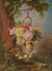 Basket of Roses with fuschia, 19th century | Obraz na stenu