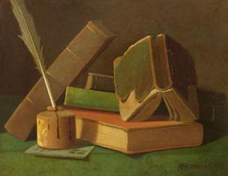 Still life with books and ink well (oil on canvas) | Obraz na stenu