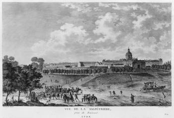 View of Hopital La Salpetriere, transport of prostitutes, Paris, engraved by Duparc, after a drawing by Savard, c.1790 (engraving) (b/w photo) | Obraz na stenu