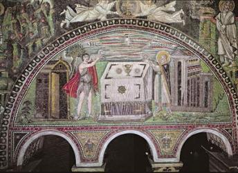 Abel offering a lamb and Melchisedech offering bread at the Altar, lunette on the South wall of the basilica (mosaic) | Obraz na stenu