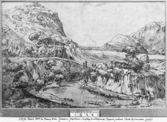 Mountainous landscape (pen & ink on paper) (b/w photo) | Obraz na stenu