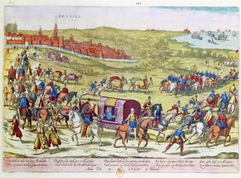 The Duke of Alba, recalled to Spain, leaving Brussels, 1573 (coloured engraving) | Obraz na stenu