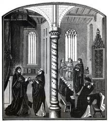 A Birching in a School of Mendicant Monks, from Ms.21,252, illustration from 'Science and Literature in the Middle Ages and the Renaissance', written and engraved by Paul Lacroix, 1878 (engraving) (b/w photo) | Obraz na stenu