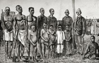 Pygmy natives as compared with English officers, Sudanese and Zanzibaris, 1890 (wood engraving) | Obraz na stenu
