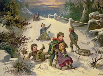 Sledging & Snowballing, 19th century (Oleograph) | Obraz na stenu