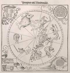 Map of the Southern Sky, with representations of constellations, decorated with the crest of Cardinal Lang von Wellenburg, and a dedication to him with his coats of arms and the Imperial copyright, 1515 (woodcut) | Obraz na stenu