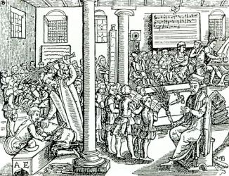 Schoolroom scene in Tudor times (litho) (b/w photo) | Obraz na stenu