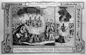 The Burning of John Fishcock and the martyrdom of Robert Glover, from 'The New and Complete Book of Martyrs ', by Paul Wright (engraving) (b/w photo) | Obraz na stenu