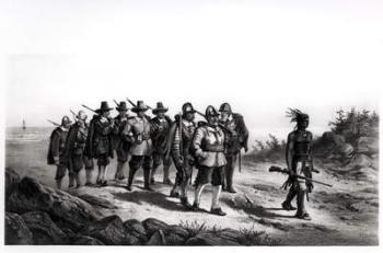 The March of Miles Standish, engraved by Armstrong & Co., 1873 (engraving) (b&w photo) | Obraz na stenu