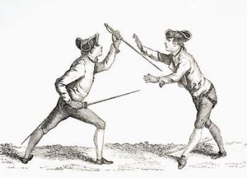 A swordsman disarms his opponent and is in a position to thrust, from 'XVIII Siecle Institutions, Usages et Costumes', published 1875 (litho) | Obraz na stenu
