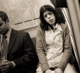 Woman sitting on a subway and staring, 2004 (b/w photo) | Obraz na stenu
