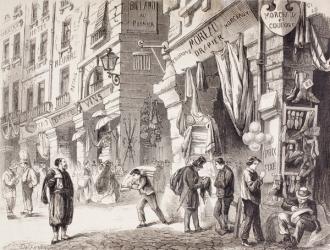 Les Halles Market, Rue de la Tonellerie, Paris, France in the mid 19th century. From L'Univers Illustre published 1866. | Obraz na stenu