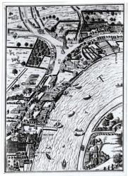 Bird's eye view of the River Thames and the surrounding area (woodcut) (b/w photo) | Obraz na stenu