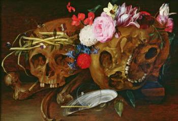 Vanitas Still Life with Skulls, Flowers, a pearl mussel shell, a bubble and straw (oil on canvas) | Obraz na stenu