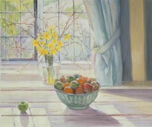 Fruit Bowl with Spring Flowers, 1990 (oil on canvas) | Obraz na stenu
