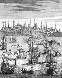 English Squadron Carrying Troops to Take Possession of Dunkirk, from 'The History of Queen Anne (1665-1714)', pub. in 1740 (engraving) (b/w photo) | Obraz na stenu