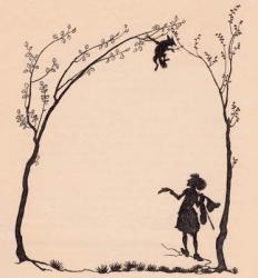 A fox tied by his paws to two hazel trees. Illustration by Arthur Rackham from Grimm's Fairy Tale, The Wonderful Musician. | Obraz na stenu