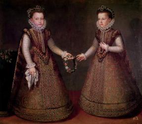 The Infantas Isabella Clara Eugenia (1566-1633), Governor of the Netherlands and Catalina Micaela (1567-97), Duchess of Savoy, 1575 (oil on canvas) | Obraz na stenu