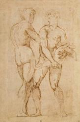 Two Nude Men Standing, one holding a lamb (ink on paper) | Obraz na stenu