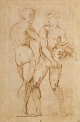 Two Nude Men Standing, one holding a lamb (ink on paper) | Obraz na stenu