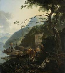 Boatmen Moored on the Shore of an Italian Lake, 1650-70 (oil on canvas) | Obraz na stenu