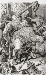 After the Raid on the Maypole Bar. "John Willet, left alone in his dismantled bar, continued to sit staring about him; awake as to his eyes, certainly, but with all his powers of reason and reflection in a sound and dreamless sleep." Illustration by Harry | Obraz na stenu