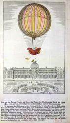 The Flight of Jacques Charles (1746-1823) and Nicholas Robert (1761-1828) from the Jardin des Tuileries, 1st December, 1783 (coloured engraving) | Obraz na stenu