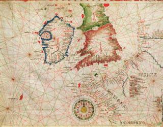 The French Coast, England, Scotland and Ireland, from a nautical atlas, 1520 (ink on vellum) (detail from 330910) | Obraz na stenu