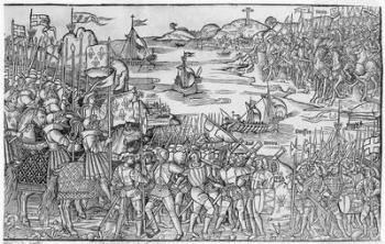 Louis IX of France disembarking at Damietta during the Seventh Crusade, from 'Grand Voyage de Hierusalem', published 1522 (woodcut) | Obraz na stenu