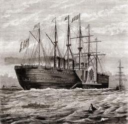 SS Great Eastern, iron sailing steam ship designed by Isambard Kingdom Brunel, from Les Merveilles de la Science, published c.1870 (engraving) | Obraz na stenu