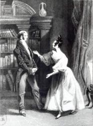 'She then told him what Mr Darcy had voluntarily done for Lydia. He heard her with astonishment', illustration from 'Pride and Prejudice' by Jane Austen (1775-1817) engraved by William Greatbach (b.1802) 1833 (engraving) (b/w photo) | Obraz na stenu