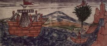 Fol.197v An Indian spy observes the arrival of a Spanish ship on the Mexican coast, 1579 (vellum) | Obraz na stenu