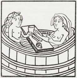 Man and woman together in a bathtub eating and bathing. After a 15th century illustration. From Illustrierte Sittengeschichte vom Mittelalter bis zur Gegenwart by Eduard Fuchs, published 1909. | Obraz na stenu