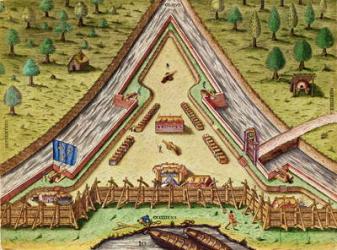 Fort Caroline, from 'Brevis Narratio..', engraved by Theodore de Bry (1528-98) published in Frankfurt, 1591 (coloured engraving) | Obraz na stenu