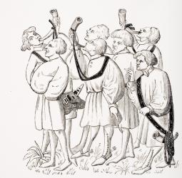 How to Shout and Blow Horns, after a miniature in the 15th century Manuscript of Phoebus, from 'Le Moyen Age et La Renaissance' by Paul Lacroix (1806-84) published 1847 (litho) | Obraz na stenu