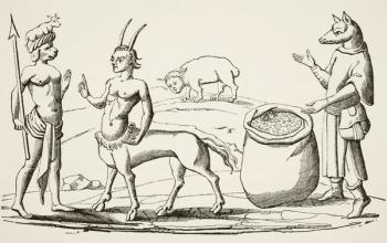 The man-dog, the man-wolf, the man-bull and the man-pig, after miniature is the 14th century 'Livre des Merveilles du Monde', from 'Science and Literature in the Middle Ages' by Paul Lacroix, 1978 (litho) | Obraz na stenu