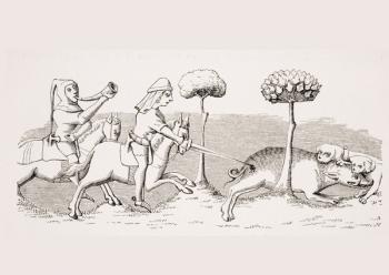 Hunting for wild boar with dogs, reproduction of a miniature in the 14th century manuscript 'Livre de Roy du Modus', by Henri de Ferrieres, from 'Le Moyen Age et La Renaissance' by Paul Lacroix (1806-84) published 1847 (litho) | Obraz na stenu