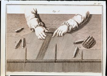 Basse-Lisse technique at the Gobelins tapestry manufactory, illustration from the Encylopedia of Denis Diderot (1713-84) 1751-72 (engraving) | Obraz na stenu