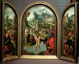 Triptych of the Cleansing of Naaman: the centre panel depicts Naaman, commander of the Syrian army, washing in the River Jordan to cure his leprosy at the command of the prophet Elisha, who in the background refuses gifts offered to him, 1520 (panel) (see | Obraz na stenu